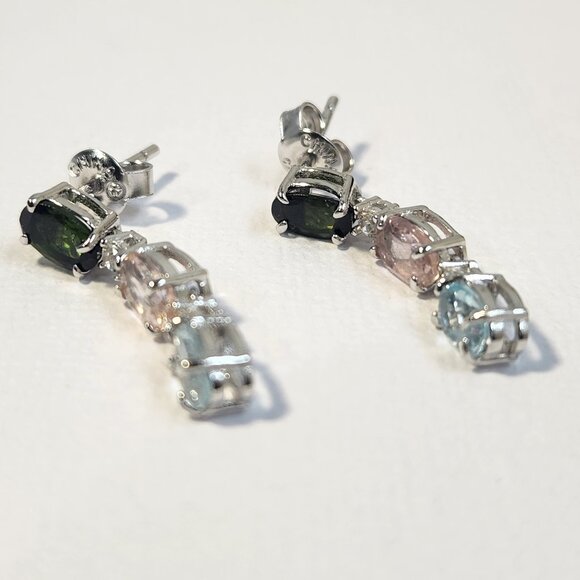 VTG NIB 925 Tourmaline Multi-Gem Dangle Drop Stud Earrings Signed 1" - Picture 12 of 14